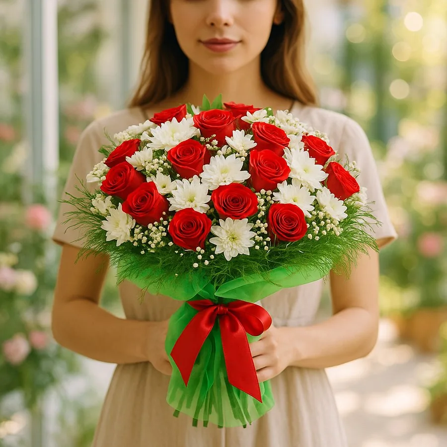 15 Kırmızı Gül ve Krizantem