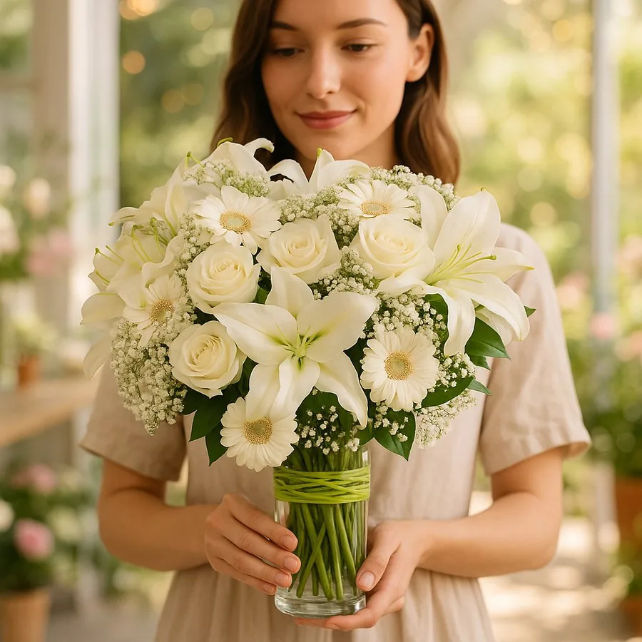 2 Kazablanka ve Beyaz Gül ile Gerbera