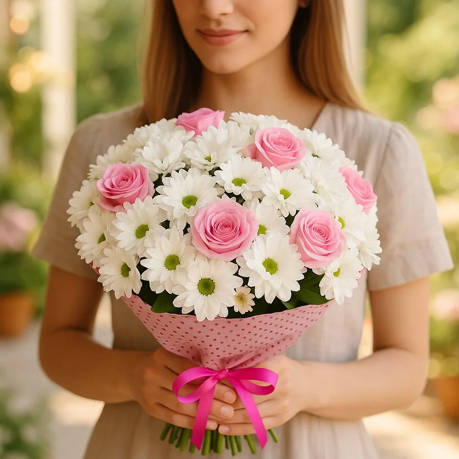 9 Pembe Gül ve Krizantem