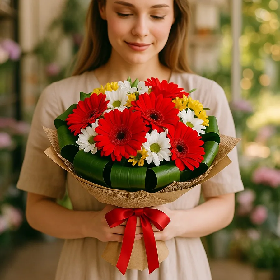 Gerbera ve Beyaz Krizantem Buketi