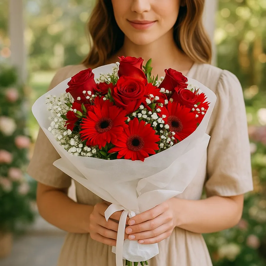 Kırmızı Gerbera ve 5 Gülden Buket