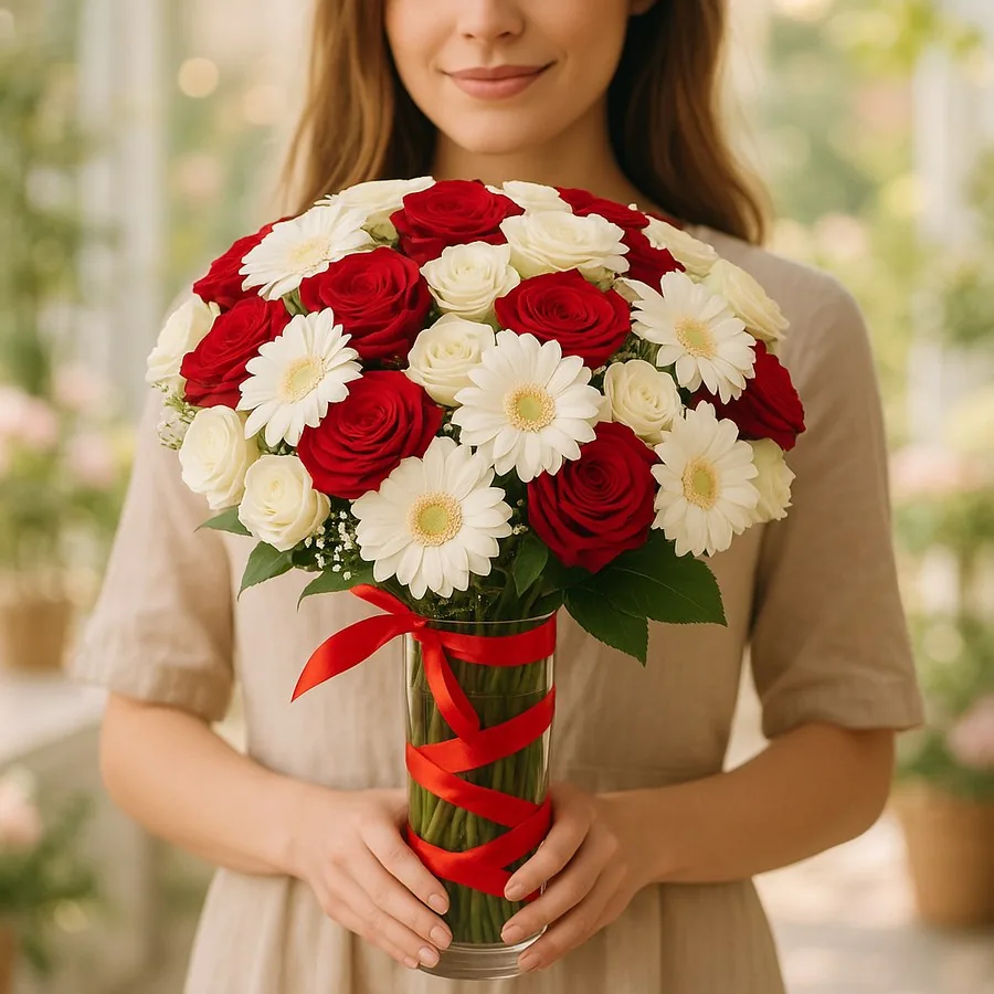 Kırmızı Ve Beyaz Gül ve Gerbera