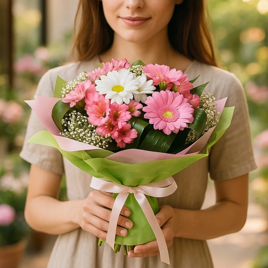 Pembe Gerbera ve Beyaz krizantem
